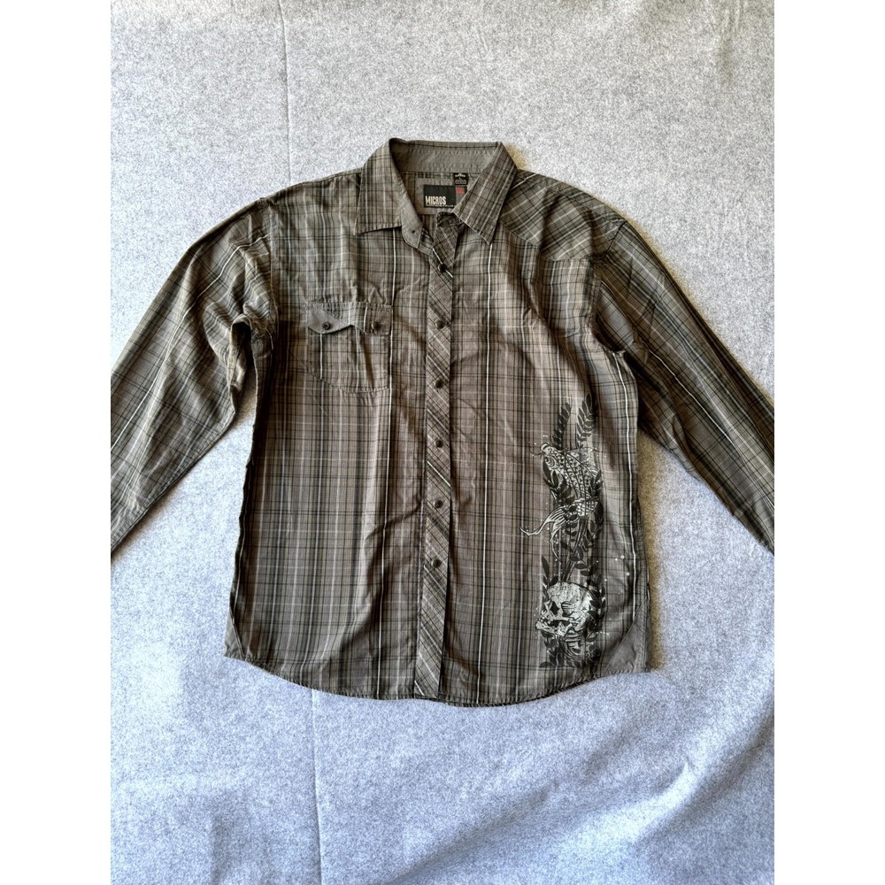 Micros Western Shirt Mens Large Brown Cotton Plaid Skull Print Snap Front Pocket